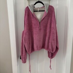 Free‎ People Colorblock Pullover Hoodie pink grey Fuzzy Cozy Oversized 1/4 Zip M